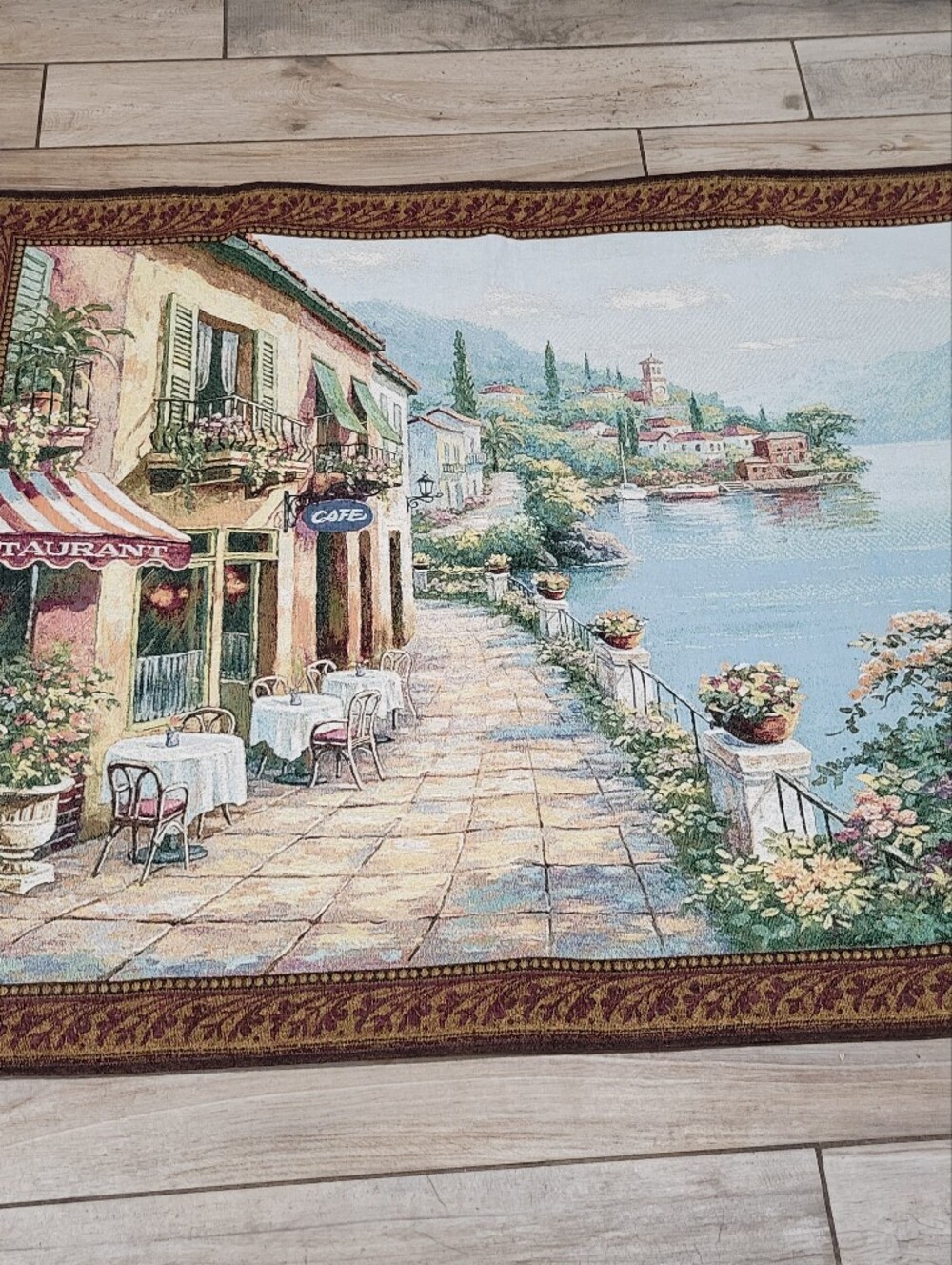 Lakeside Cafe Oceanview Pictorial Tapestry Wall Hanging Woven Textile 41 " X 52"